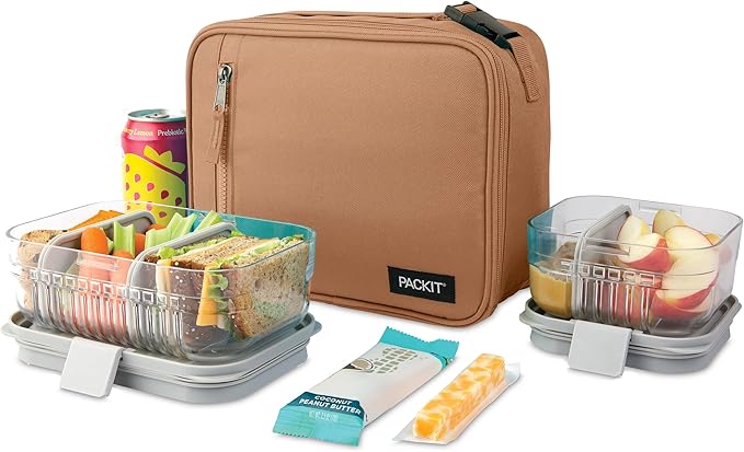 PackIt Freezable Classic Lunch Box, Almond, Built with EcoFreeze Technology, Collapsible, Reusable, Zip Closure With Zip Front Pocket and Buckle Handle, Designed for Fresh Lunch On the Go