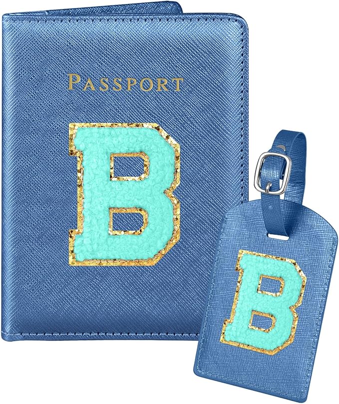 Slohif Passport Holder Initial Lugguage Tag Set Suitcase Cover Wallet Case for Travel Women - Leather Letter Passport Book Personalized Organizer Card Protector Sleeve Essentials Slim Carrier Blue B