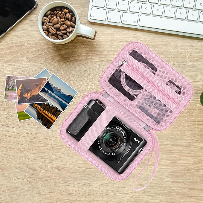 Camera Case for Canon PowerShot G7X Mark III/ G7 X Mark II/ SX740 hs Digital Camera, 4K Vlogging Camera Protective Cover Hard Travel Storage Bag, Mesh Pocket fits Cable, Batteries,Pink