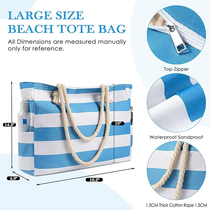 Pleneal Beach Bags For Women - Large Beach Bags with Zipper Waterproof Sandproof Swim Pool Beach Bag