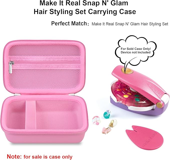 Elonbo Carrying Case for Make It Real Snap N' Glam Hair Styling Set, Girls Hair Styling Tool Storage Bag, Butterfly Gem Travel Organizer, Pocket fits Reusable Bead Clips, Gems Accents, Dark Pink