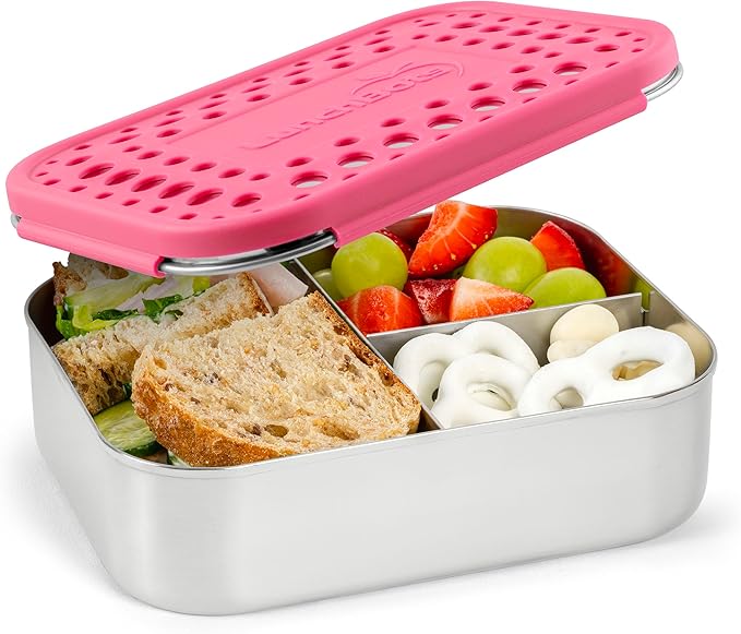 LunchBots Medium Trio II Snack Container - Divided Stainless Steel Food Container - Three Sections for Snacks On the Go - Eco-Friendly, Dishwasher Safe, BPA-Free - Stainless Lid - Pink Dots