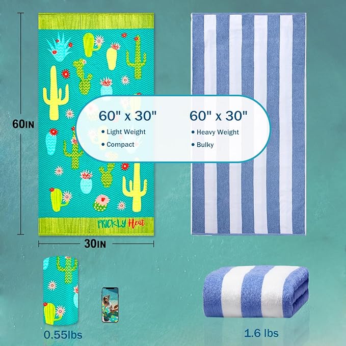 cabanana Sand Resistant Beach Towel - Quick Dry Microfiber Beach Towel 60x30 Inches Sandproof Pool Towels, Thin Lightweight Compact for Travel Swimming Bath for Adults Women Men (Cactus)
