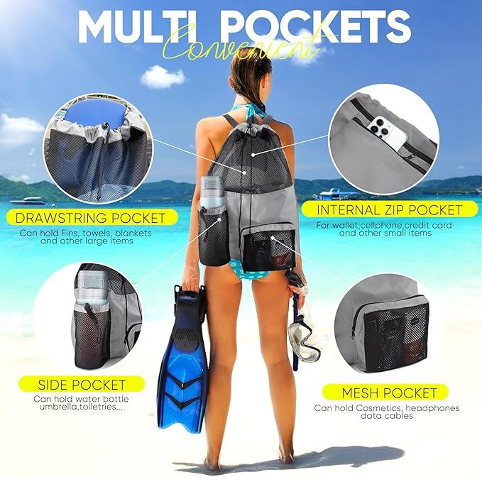 Swim Mesh Beach Bag, Waterproof Gym Bags for Women and Men, Large Pool Bag Swimming Gear Drawstring Backpack