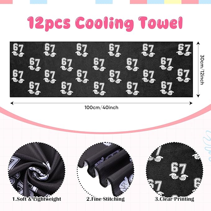 12 Pcs Six Seven Ice Cream Drip Cooling Towel 40"x12" Swim Pool Towel Cooling Baseball Softball Team Gift Youth Gift for Hot Weather Workout Gym Sport Party Favors(67 Meme)