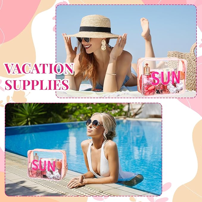 Sun Clear Beach Makeup Bag 9.5" x 7" x 3.5" Large Cosmetic Pouch Pink Travel Toiletry Bag PVC Waterproof Transparent Zippered Organizer for Women Girl Summer
