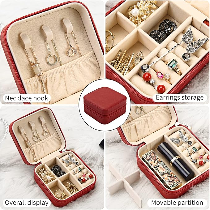 Mini Jewelry Case, Small Travel Jewelry Organizer, Portable Jewelry Box Mini Storage Organizer Display Box For Rings Earrings Necklaces (Red-4pcs)