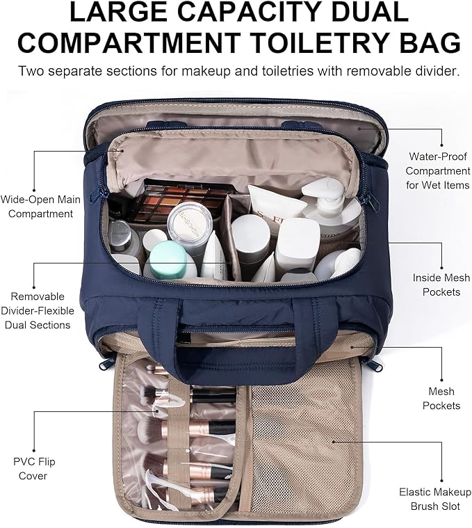 Travel Toiletry Bag for Women, Lightweight Large Quilted Puffy Makeup Bag Wide-open Make up Organizer Cloud Cosmetic Bag w/Handle for Traveling Toiletries Essentials Accessories Navy Blue