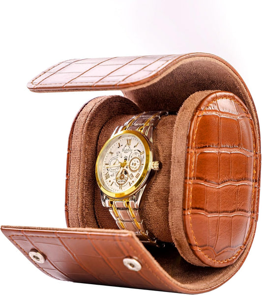 MR.OKAY Single Watch Travel Case-Classic Leather Watch Case With Superb Texture.(Portable Watch Roll Or Organizer For Storage And Display).Festival Gift For Men,All Handcrafted By Artisans.