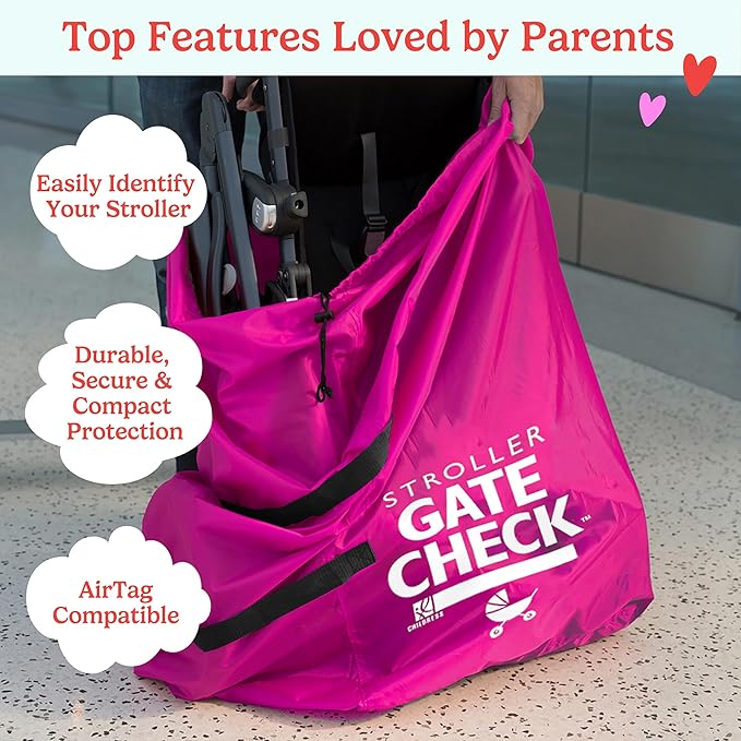 J.L. Childress Gate Check Bag for Single & Some Double Strollers - Travel Bag for Airplane, Fits Most Standard Baby Strollers, Airport Accessories Gate Check, Flying Essentials - Neon Pink