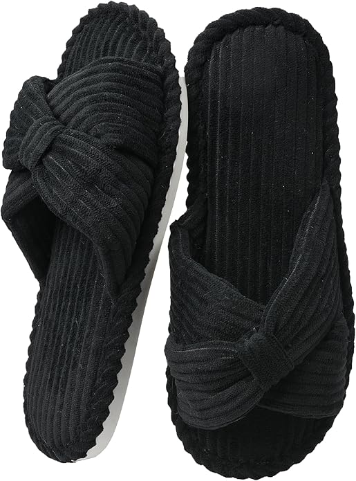 House Slippers for Women Corduroy Cross Bow Indoor Slippers Open Toe Slip On Bedroom Shoes with Memory Foam