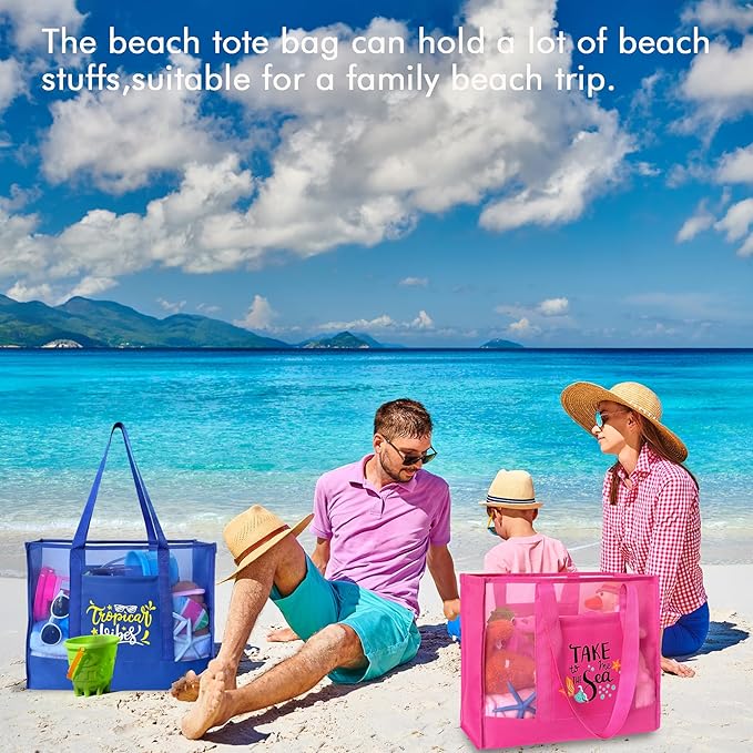 Reusable Large Beach Bags With 2 Pockets & Zipper, Lightweight Beach Tote for Poolside, Trip/swim