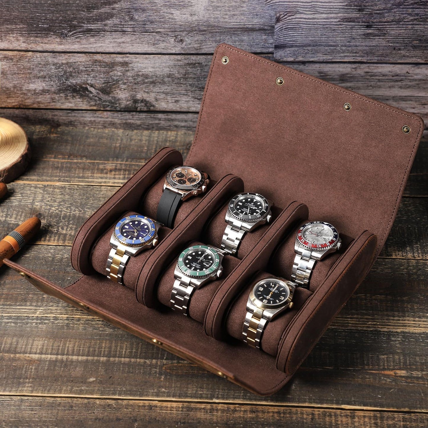 Genuine Leather Watch Roll Travel Case,Vintage Full Grain Leather Watch Box with Pillow for Men,Watch Storage Organizer for Home Storage,Travel Watch Organizer Box (6 Slots)