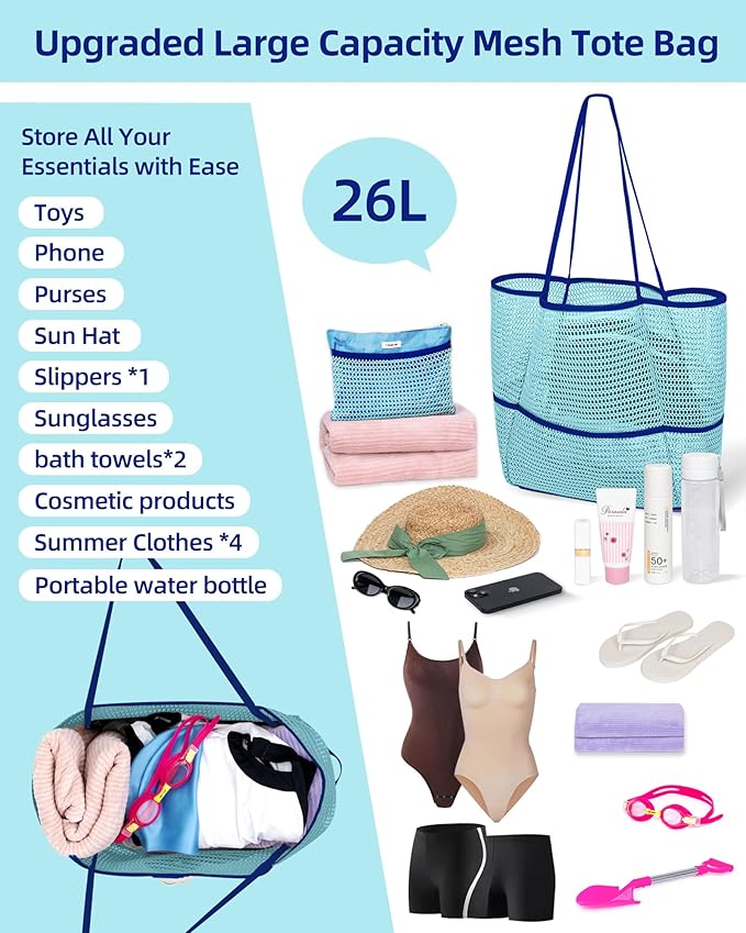 Mesh Beach Tote Bag Packable,2026 New 2-in-1 Large Lightweight Foldable Beach Bags with Multiple Pockets for Women