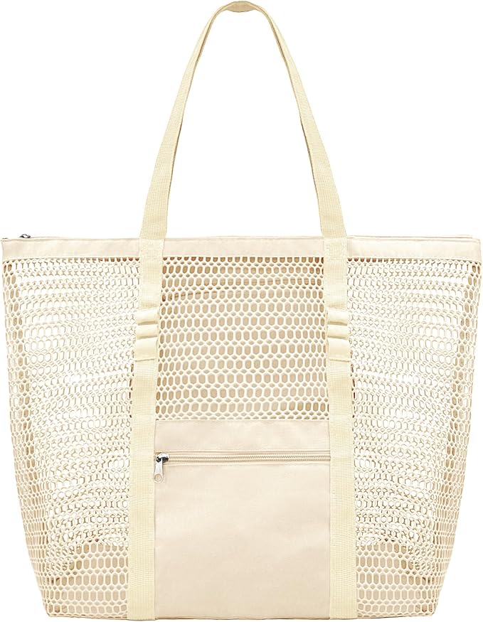 Mesh Beach Bags for Women with Zipper Foldable Hobo Tote Bag Vacation Shoulder Bags for Swimming Pools