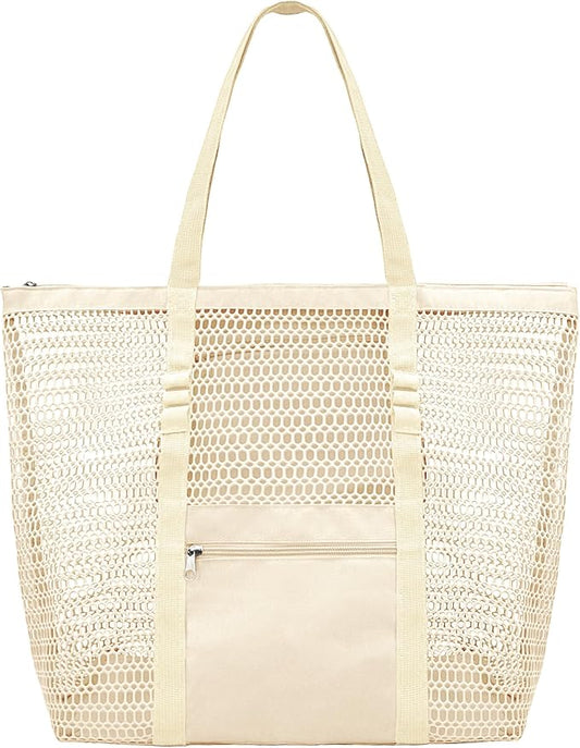 Mesh Beach Bags for Women with Zipper Foldable Hobo Tote Bag Vacation Shoulder Bags for Swimming Pools