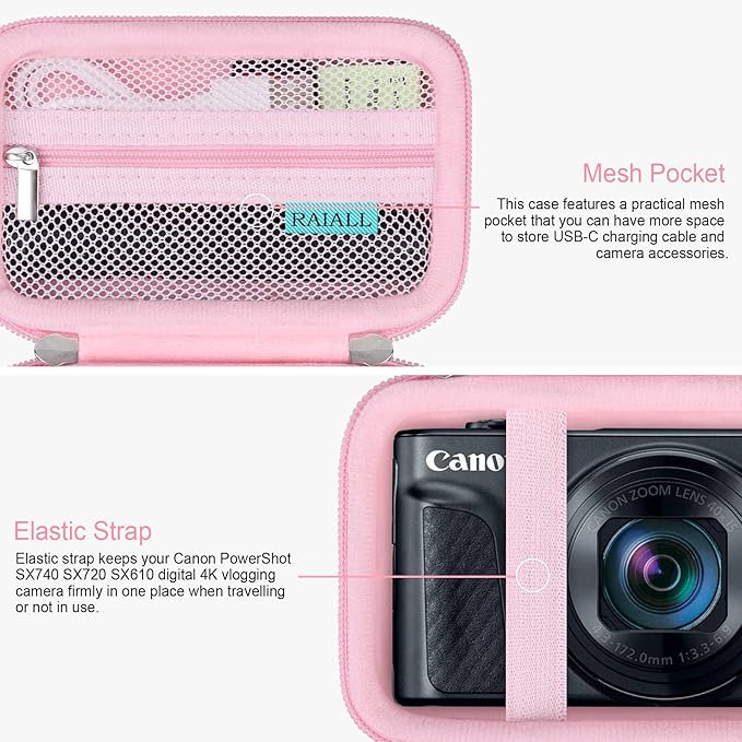 RAIALL Camera Case for Canon PowerShot SX740/ SX730/ SX720/ SX710/ SX620/ SX610 HS Digital Camera, SX740/ SX730 Vlogging Camera Travel Hard Bag, Mesh Pocket for Battery, SD Card and Cable, Pink
