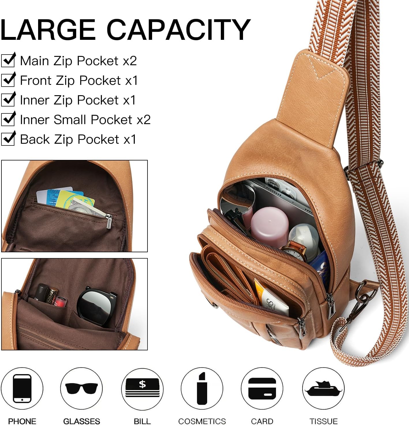 7L Sling Bag for Women Men Leather Small Sling Backpack Daypack Anti Theft Fanny Pack Crossbody Purse Travel