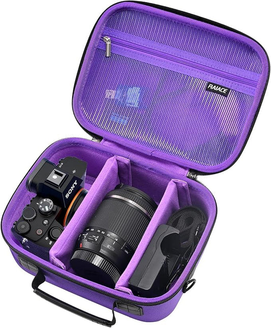RAIACE Hard Case Compatible with Sony Alpha 7 II III IV/7R V Camera, for Nikon, for Canon, for Pentax and More. Mesh Pocket for Charger, Cables, Cards and Accessories. (case only) (Purple)