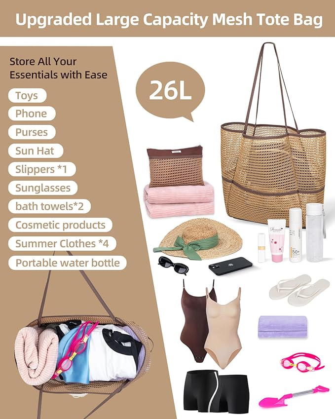 Mesh Beach Tote Bag Packable,2026 New 2-in-1 Large Lightweight Foldable Beach Bags with Multiple Pockets for Women