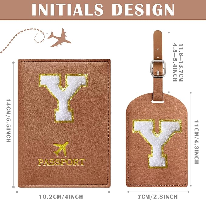 COSHAYSOO Brown Initial Passport Cover Holder and Luggage Tag Set TSA Approved with Chenille Letter Patch ABC for Women Teenage Girls, Travel Essentials Must Have Stuff Bag Suitcase Identifier (Y)