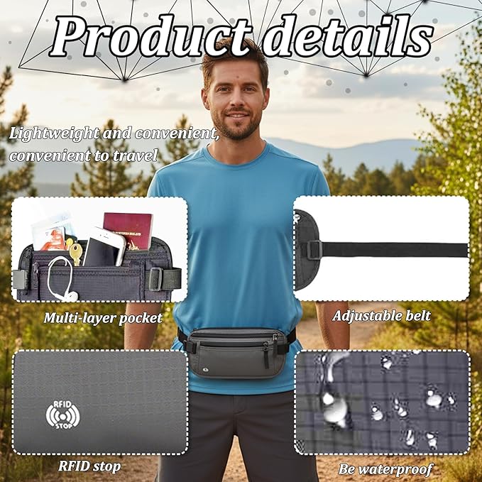 Passport Wallet RFID Blocking Slim Anti Theft Holder Travel Unisex Adjustable Waist Money Belt with Secure Zipper(blue)