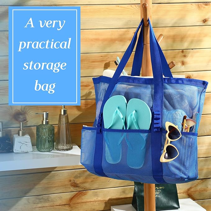 Hillban Large Beach Mesh Bags Bulk for Women Beach Tote Bag with 8 Pocket Zipper Waterproof Sandproof for Pool Cruise Ship