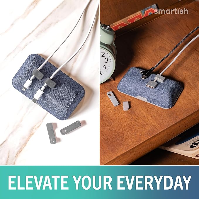 Smartish® Magnetic Cord Holder - Bigger Cable Wrangler Organizer with Magnet Clips for Charger Management on Desktop, Nightstand - Holds 6+ Cables - Blue Jeanie