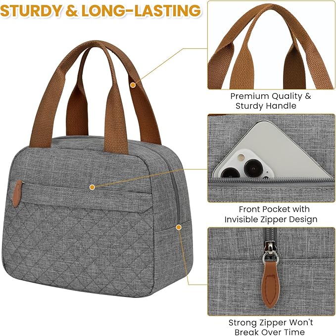 Insulated Lunch Bag for Women, Portable Lightweight Lunch Box for Adults, Reusable Small Lunch Tote Cooler Bags with Front Zipper Pocket for Work School Picnic(Gray)