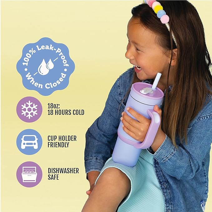 Ello Oasis 18oz Kids Tumbler with Handle & Retracting Straw, 100% Leakproof Reusable Insulated Stainless Steel Cup, Gifts for Teens Girls Boys, Keeps cold for 18 Hours, Cup Holder Friendly, Lavender