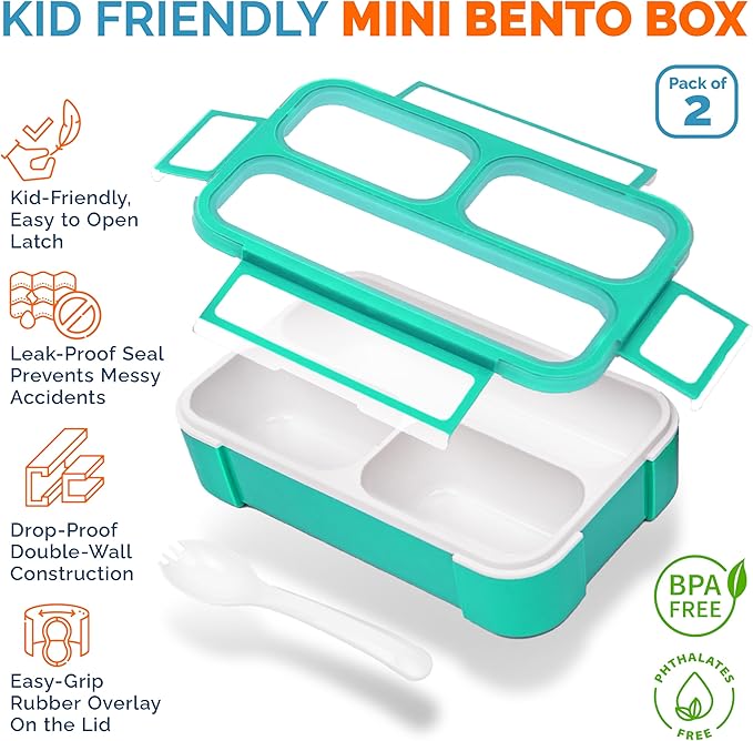 Snack Containers for Kids | MINI Lunch Box | SMALL Reuseable Bento Box Portion Container | Leak Proof Boxes for School | Daycare Work Travel | for Adults Boys Girls | Teal Blue + Orange Set of 2
