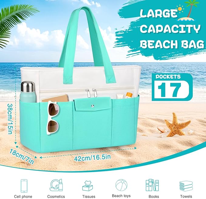 Beach Bags for Women Large Canvas Beach Tote with Zipper Wet Pocket, Waterproof Foldable Swim Pool Travel Tote Bags