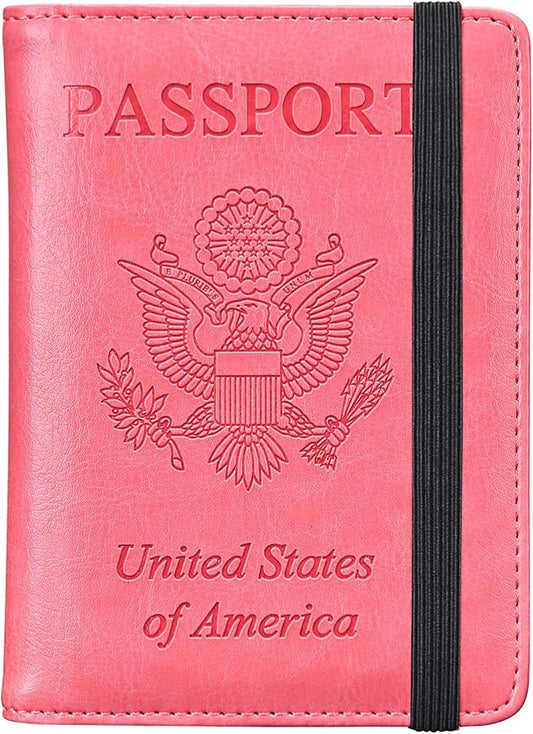 HerriaT Leather Passport Holder Cover Case RFID Blocking Travel Wallets Card Case for Women Men(Pink)