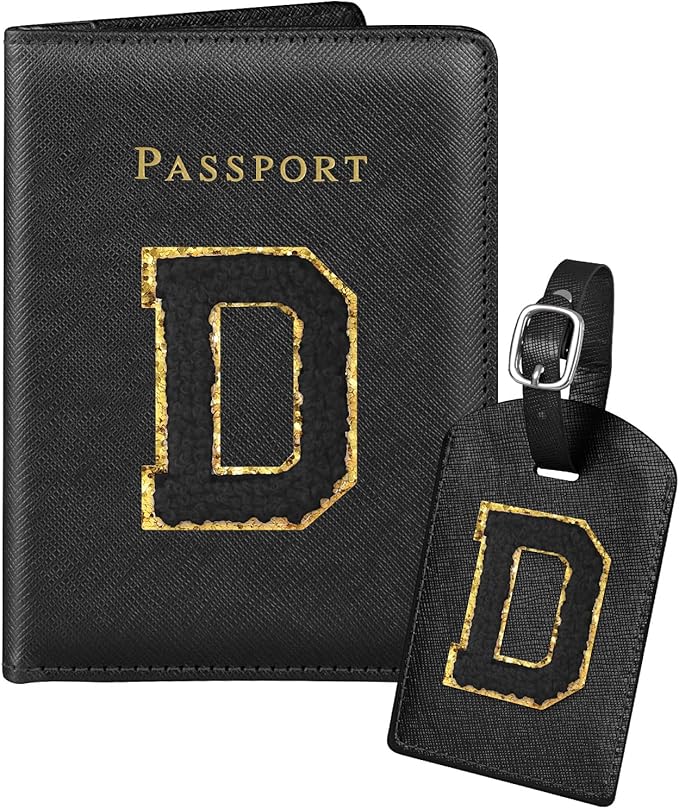 Slohif Passport Holder Initial Lugguage Tag Set Suitcase Cover Wallet Case for Travel Women - Leather Letter Passport Book Personalized Organizer Card Protector Sleeve Essentials Slim Carrier Black D