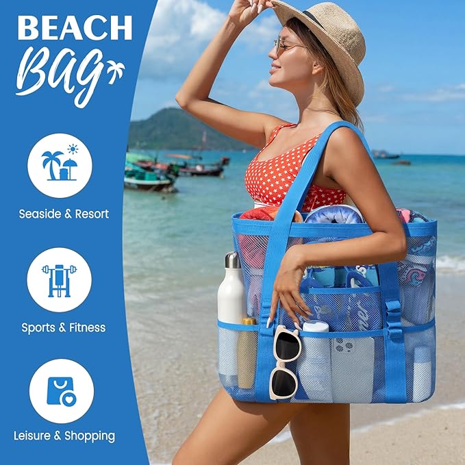 Beach Bag - Mesh Beach Bag Large 8 Pockets, Beach Tote Bag Beach Essentials for Vacation Must Haves