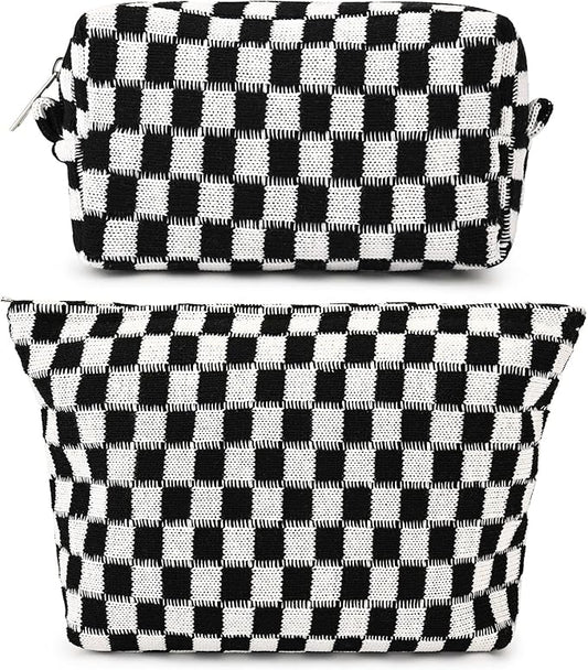 SOIDRAM 2 Pieces Black Makeup Bag Large Checkered Cosmetic Bag Capacity Canvas Mix Travel Toiletry Bag Organizer Cute Makeup Brushes Aesthetic Accessories Storage Bag for Women, Checkered Mix Black