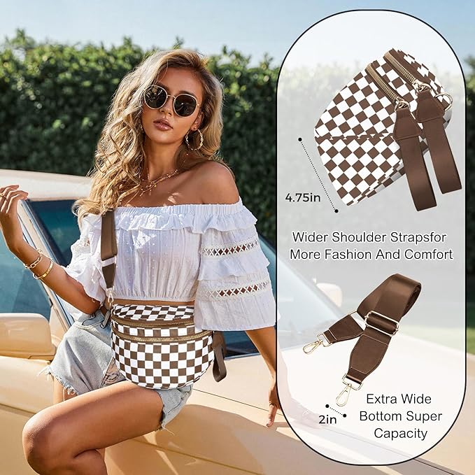 Spacious Nylon Checkered Crossbody Bum Bag for Women, Fashion Checkerboard Fanny Pack Purse with Anti-theft Pocket, Adjustable Wider Strap Wasit Bag (White-Brown)