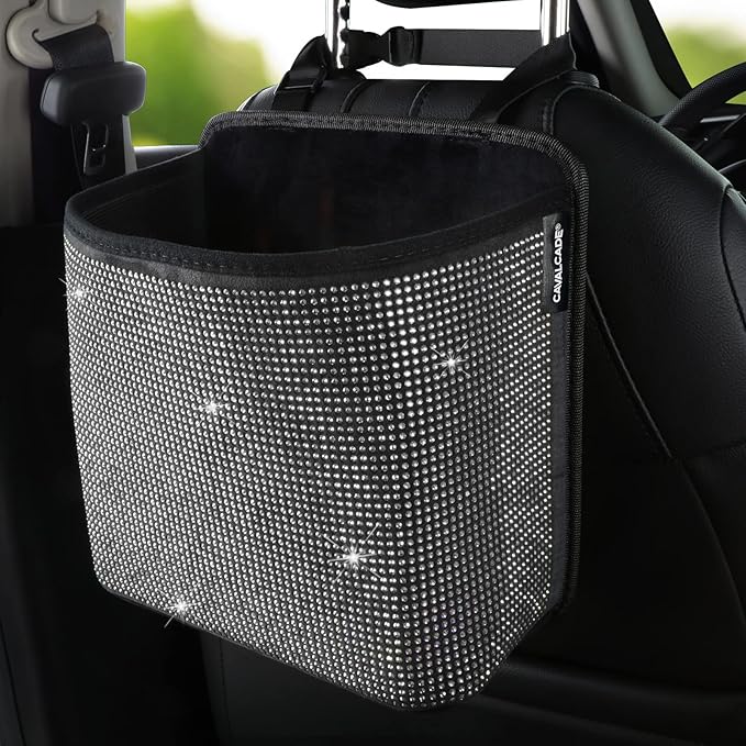 Cavalcade Car Back Seat Organizer, Bling Hanging Pocket, Large Seat Back Travel Caddy Bag, Diamond Trash Bin Garbage Container (White)