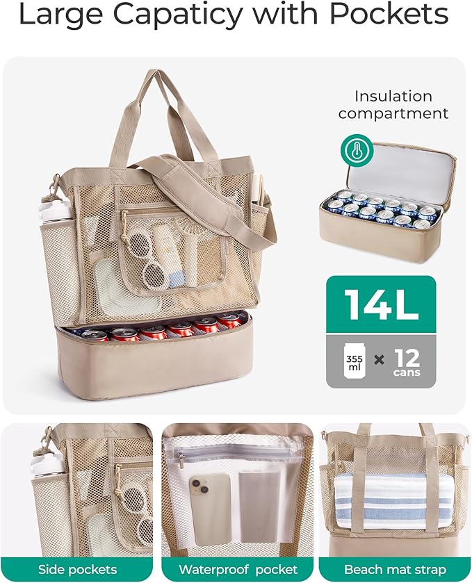 BAGSMART Beach Bag for Women, Mesh Tote Bags with Zipper, Sandproof Vacation Essentials with Cooler for Swim Cruise Pool