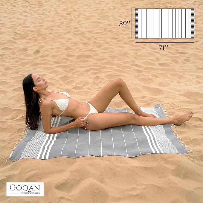GOQAN Turkish Beach Towel Oversized 39x71 | Thin, Lightweight, 100% Cotton and Sand Free Towel is Suitable for Beach, Bathroom, Pool, Travel & Swim - Dark Grey