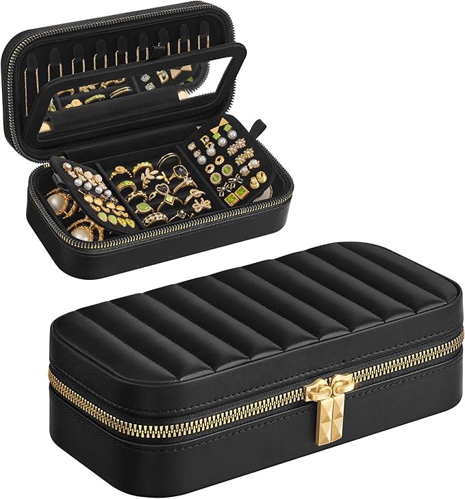 SONGMICS HOME Travel Jewelry Case, Travel Jewelry Box Organizer with Mirror, 4.1 x 8 x 2.4 Inches, Stitching, Portable, Gift Idea, Ink Black UJBC180B01