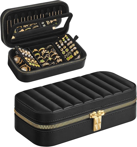 SONGMICS HOME Travel Jewelry Case, Travel Jewelry Box Organizer with Mirror, 4.1 x 8 x 2.4 Inches, Stitching, Portable, Gift Idea, Ink Black UJBC180B01