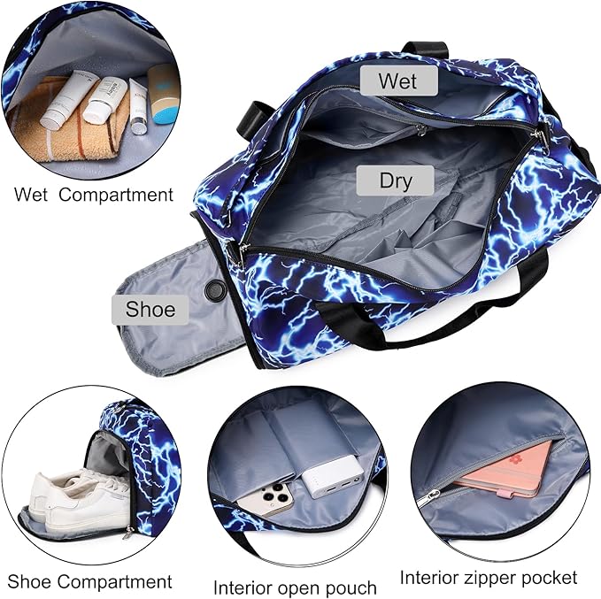 Duffle Bag for Boys Sport Gym Bag with Wet Pocket Shoes Compartment Soccer Bags Duffel Bag for Teen Boys Lightning Travel Bag Dance Bag