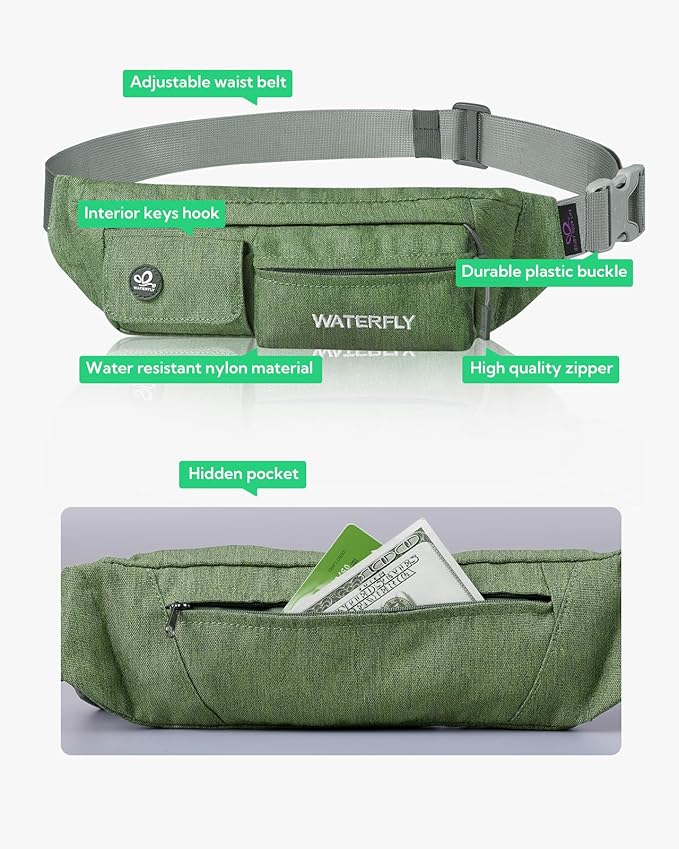 WATERFLY Fanny Pack Slim Soft Polyester Water Resistant Waist Bag Pack for Man Women Carrying iPhone 8 Samsung S6 (green)