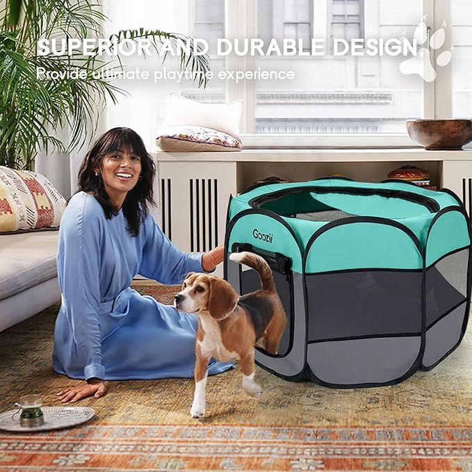 Pet Cat Playpen for Indoor Cats Enclosed, Puppy Dog Play Pen for Outdoor Travel Camping (Medium Size, Green & Dark Grey)