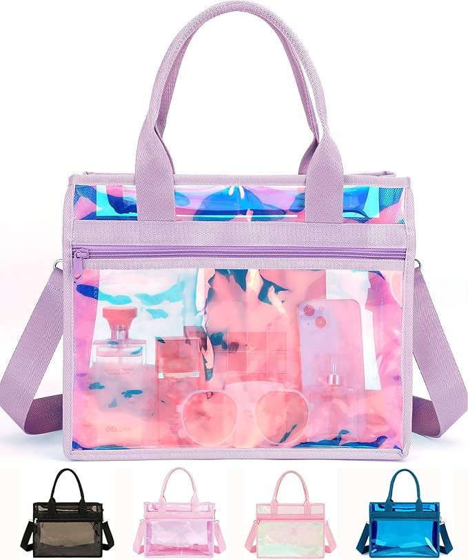 Iridescent Clear Beach Bag for Women, Large Pool Tote Cruise Vacation Essentials - Waterproof, Zipper Closure