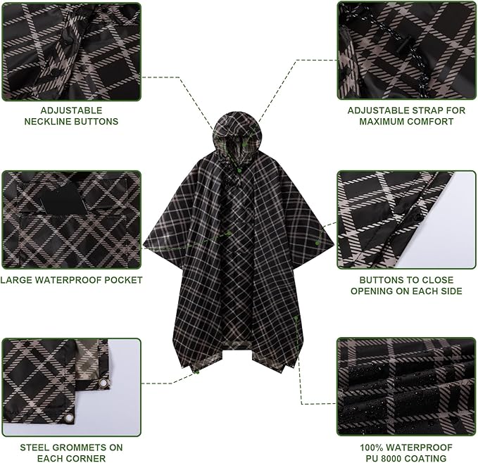 Hooded Rain Poncho for Adults - Waterproof Rain Coat and Lightweight Jacket 3-in-1 Multi-Function with Pockets