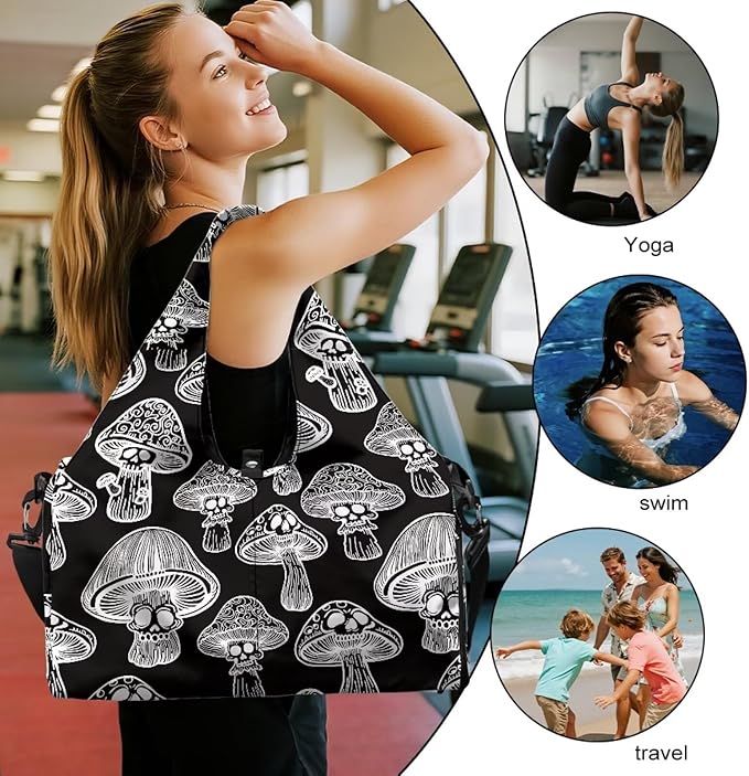 Black Mushroom Workout Bag for Women with Yoga Mat Holder and Shoe Compartment Gym Bag Waterproof Gym Duffel for Swimming, Stylish Fitness Duffel Bag