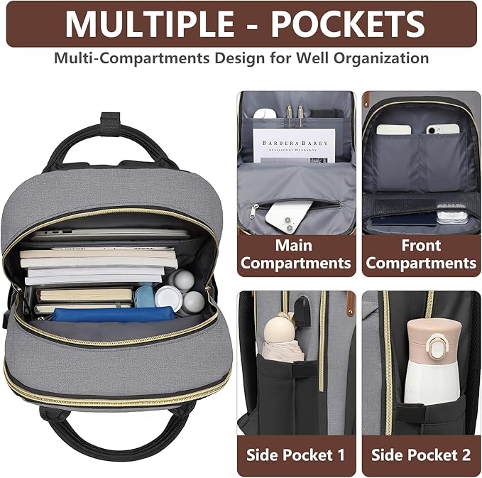 Laptop Backpack for Women Work Bag - 15.6 inch Travel Backpack Purse with USB Charger College Bookbag Waterproof Casual Daypack Fashion Business Computer Backpacks for Teacher Nurse Black Grey Brown