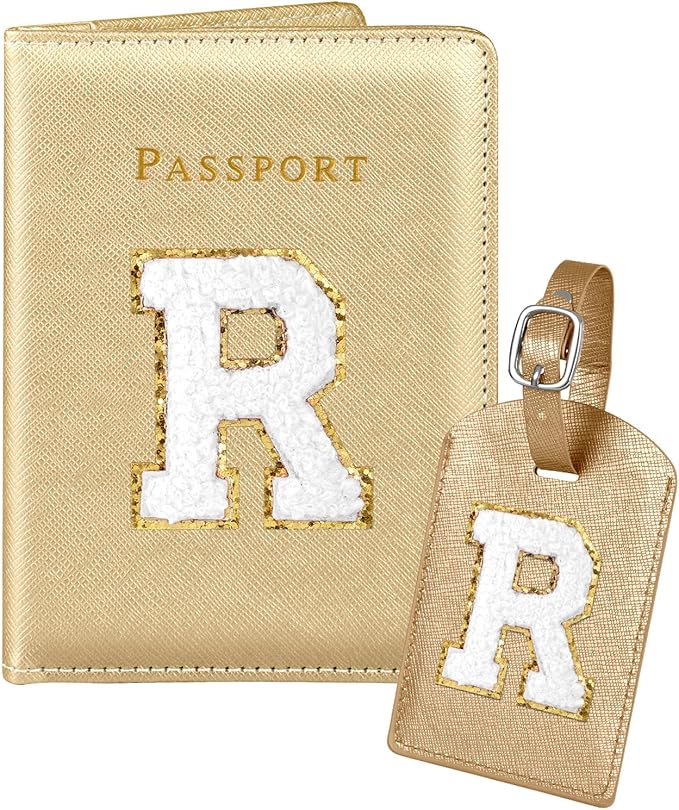 Slohif Passport Holder Initial Lugguage Tag Set Suitcase Cover Wallet Case for Travel Women - Leather Letter Passport Book Personalized Organizer Card Protector Sleeve Essentials Slim Carrier Gold R